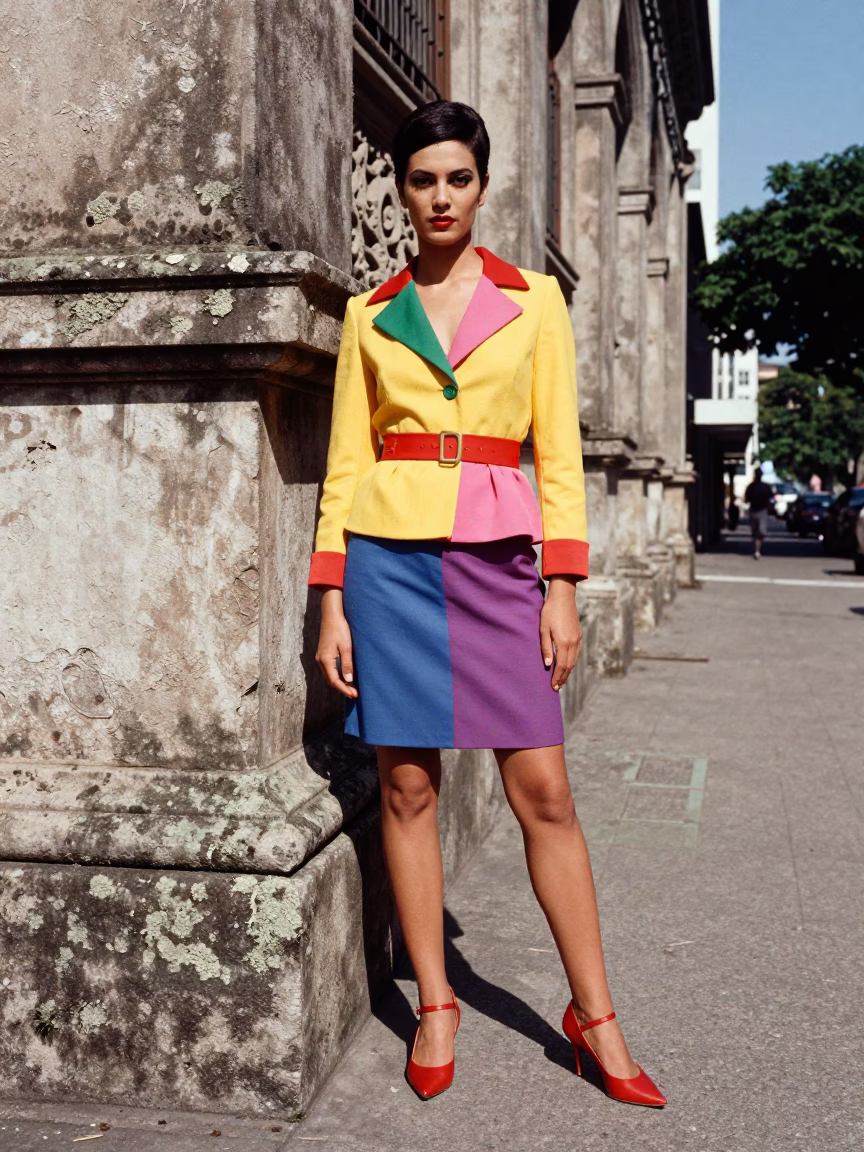 Vibrant High Fashion Portrait in São Paulo Midday Sun with Lichen Parapets in in São Paulo, Brazil