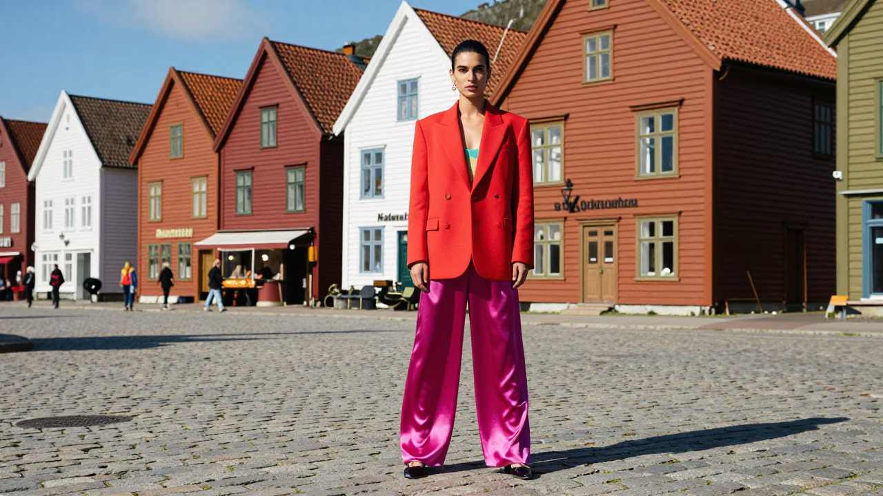 Vibrant High Fashion Street Style in Bergen Norway Flat Noon Light in in Bergen, Norway