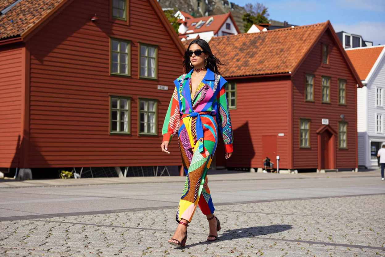 Vibrant High Fashion Street Style in Bergen Norway Midday Urban Scene in in Bergen, Norway