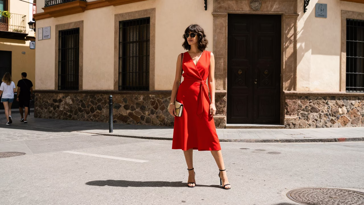 Vibrant High Fashion Street Style in Granada Spain Under Harsh Noon Sunlight in in Granada, Spain