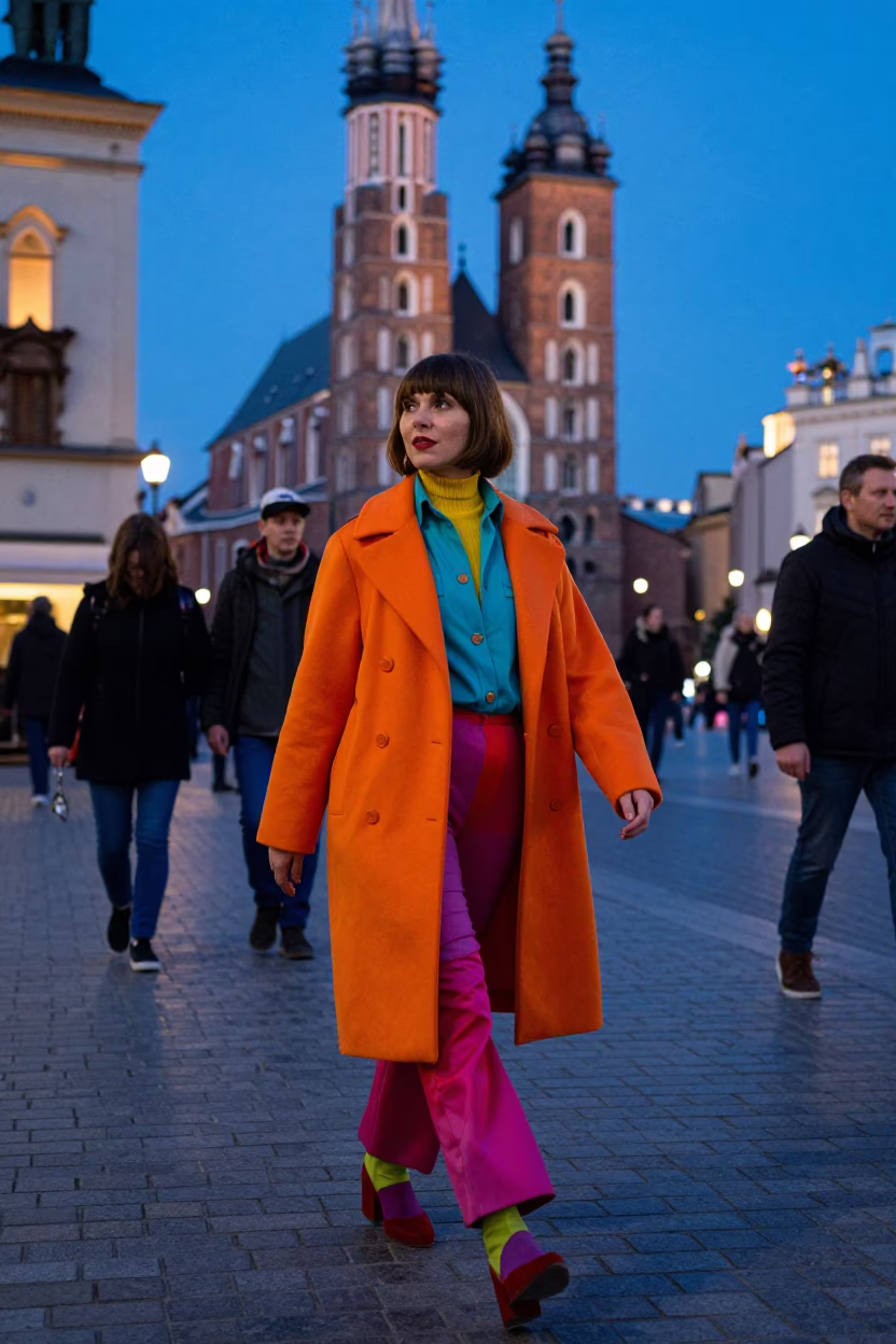 Vibrant High Fashion Street Style in Krakow Poland Evening Blue Hour in in Krakow, Poland