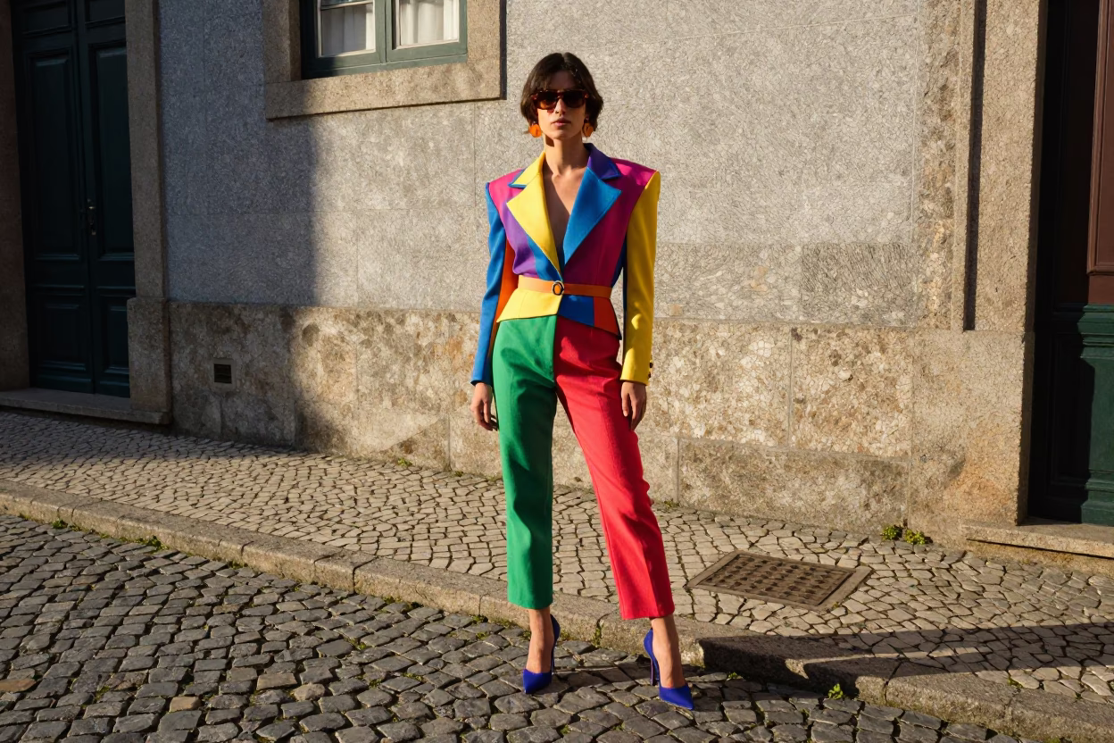 Vibrant High Fashion Street Style Portrait on Porto Cobblestones with Vintage Bus in in Porto, Portugal