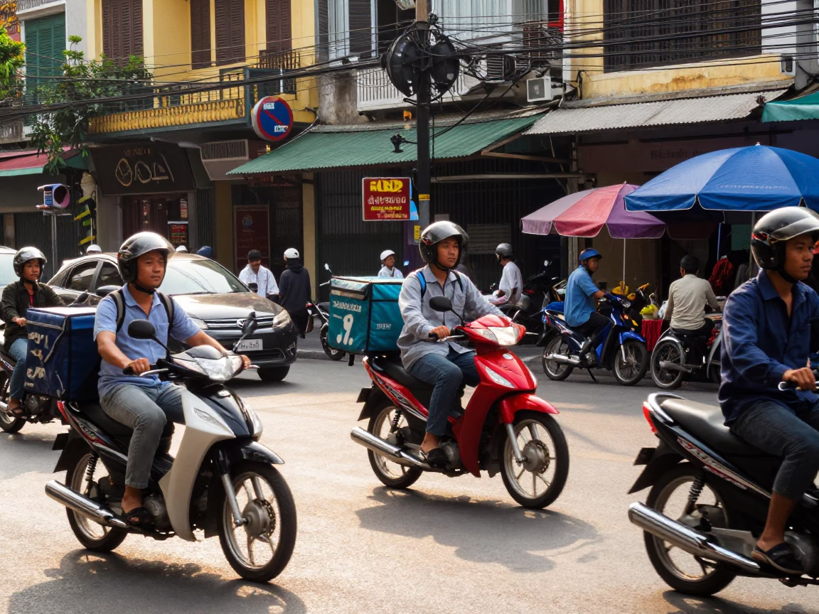 Vibrant Ho Chi Minh City Street Scene with Motorbikes and Local Vendors in in Ho Chi Minh City, Vietnam