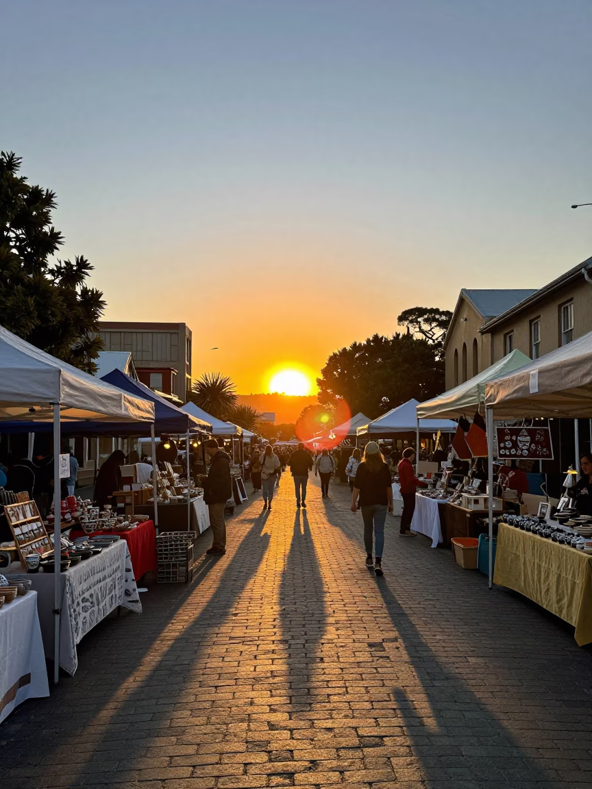 Vibrant Hobart Sunset Street Scene with Local Artisan Market and Coastal Harbor Views in in Hobart, Tasmania, Australia