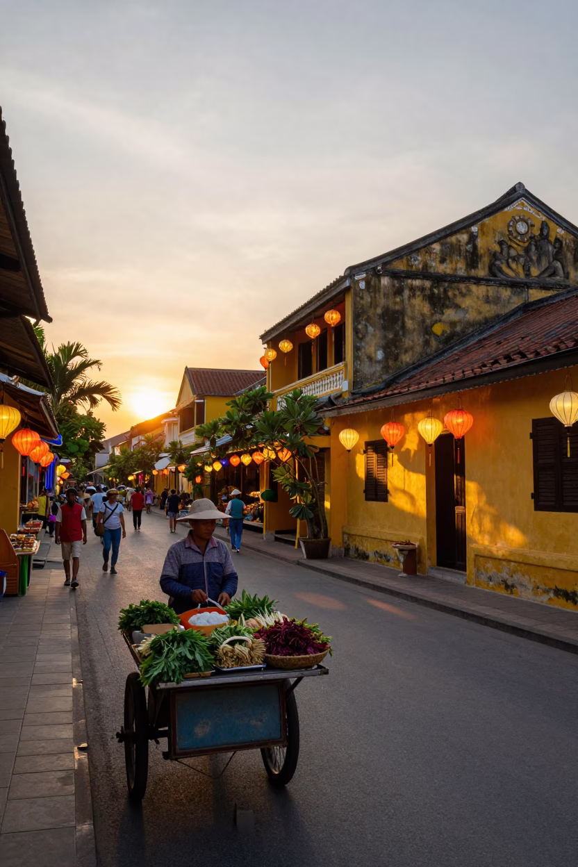 Vibrant Hoi An Evening Street Scene with Lanterns and Local Life in in Hoi An, Vietnam