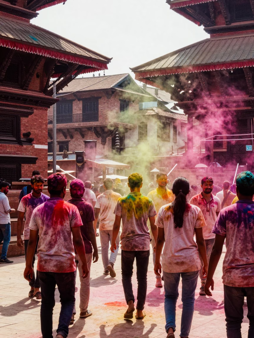 Vibrant Holi Festival Colors in Air During Late Morning in Kathmandu Nepal Street Scene in in Kathmandu, Nepal