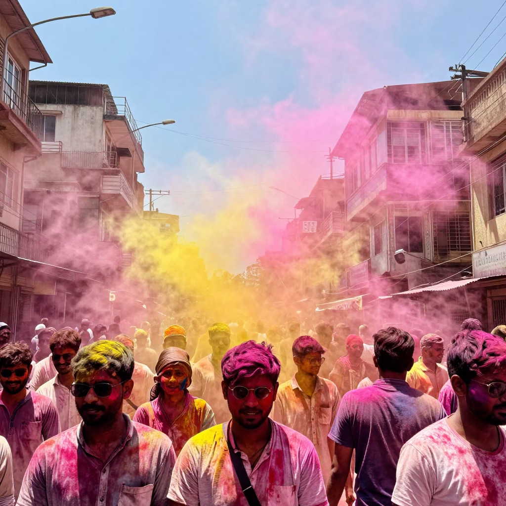 Vibrant Holi Festival Colors in the Air During Noon in Mumbai India in in Mumbai, India