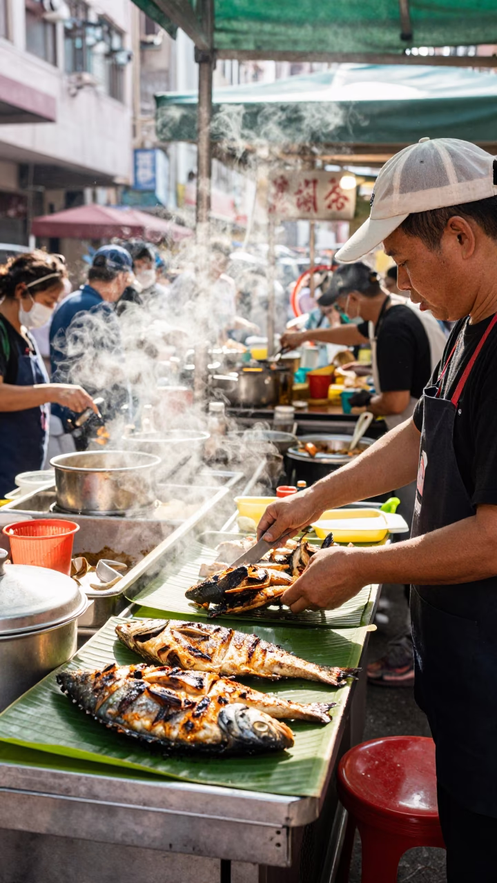 Vibrant Hong Kong Street Food Stall at Midday Grilled Fish and Cutlery in in Hong Kong, Hong Kong