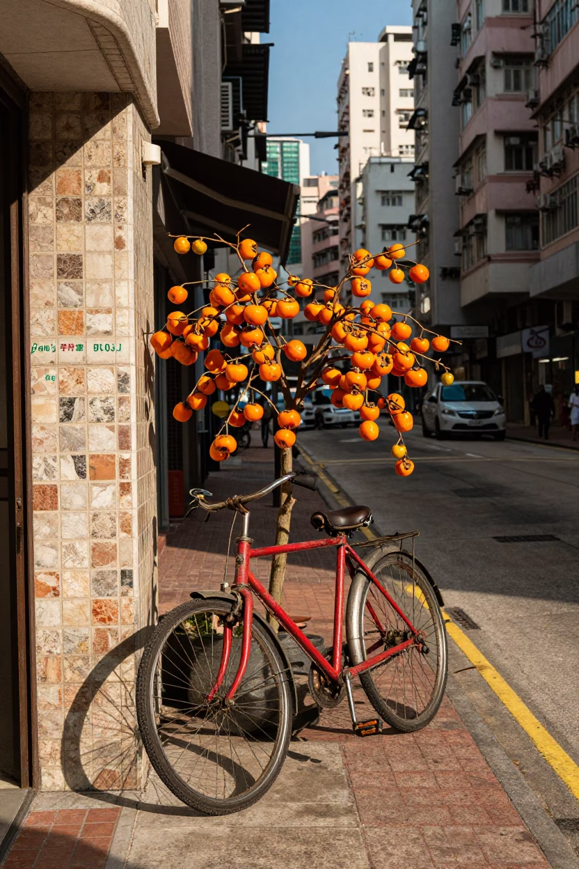 Vibrant Hong Kong Street Scene with Bicycle and Persimmons in Late Afternoon Light in in Hong Kong, Hong Kong