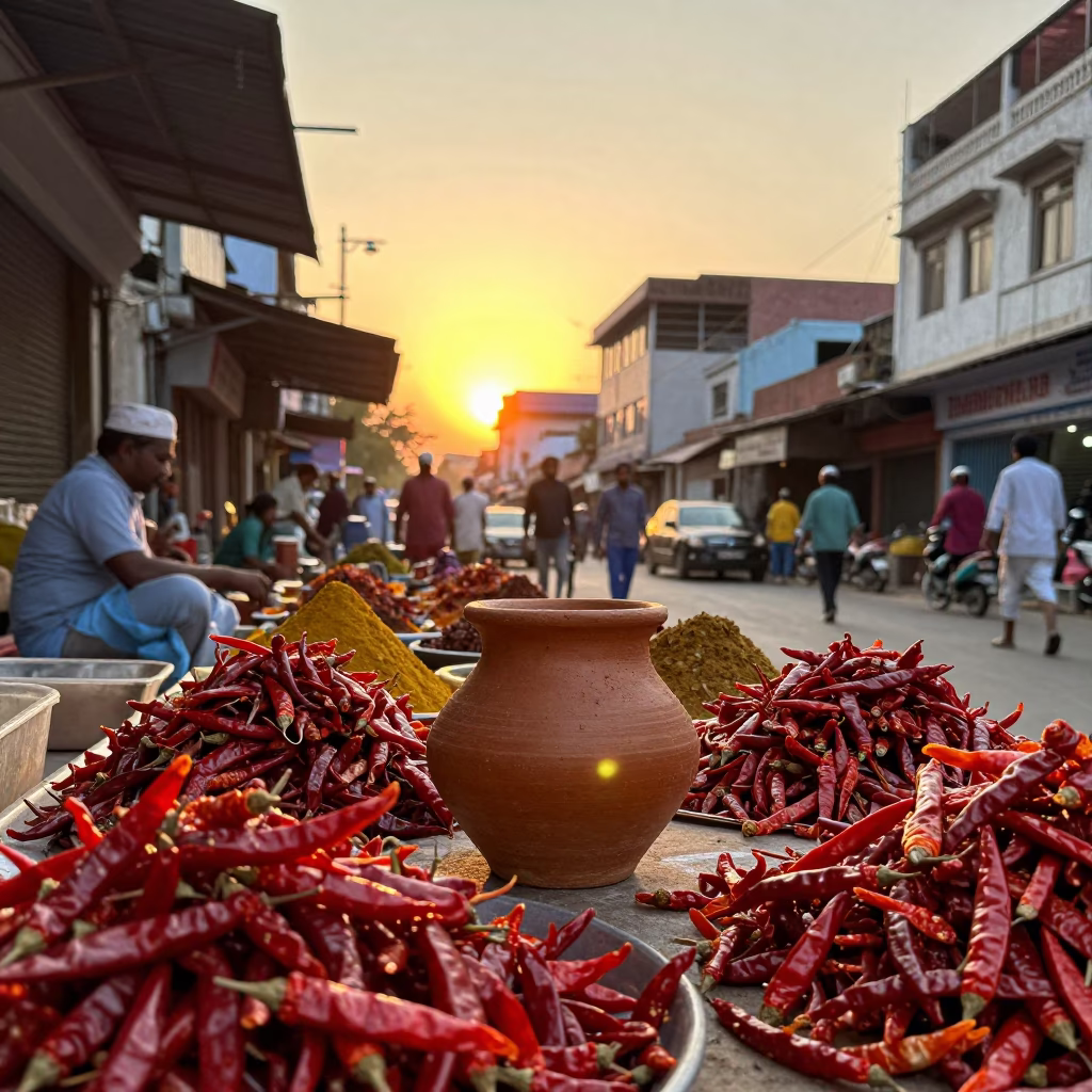 Vibrant Hyderabad Street Scene at Golden Hour with Traditional Spices and Local Life in in Hyderabad, India