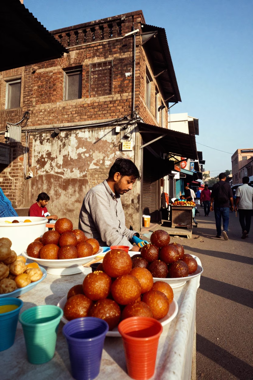 Vibrant Hyderabad Street Scene with Traditional Gulab Jamun Sweets and Urban Architecture in in Hyderabad, India