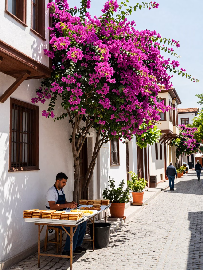 Vibrant Istanbul Street Scene with Bougainvillea and Traditional Morning Market in in Istanbul, Turkey
