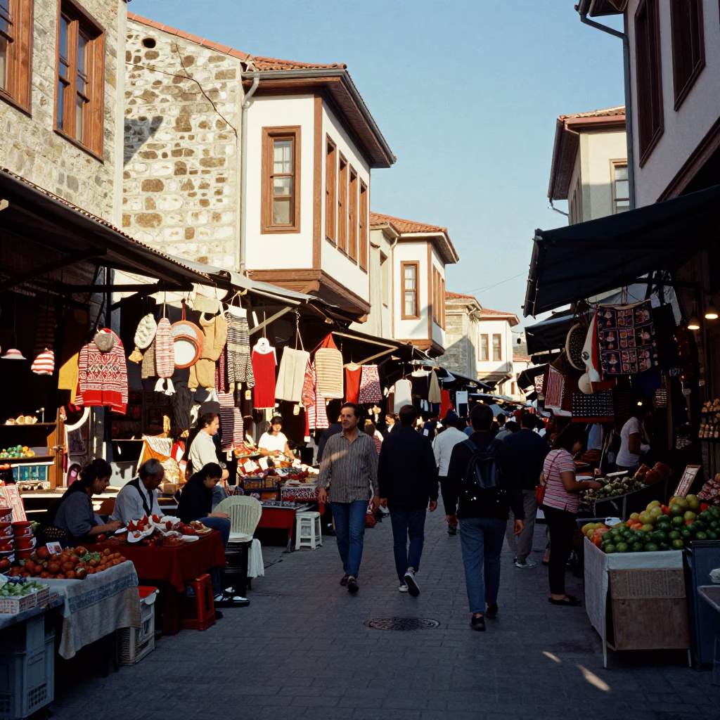 Vibrant Izmir Street Market Scene in Late Afternoon Sunlight with Local Commerce in in Izmir, Turkey