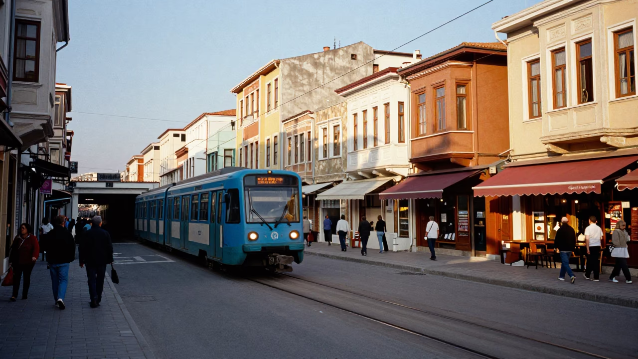Vibrant Izmir Street Scene with Metro Train Emerging from Tunnel into Sunlight in in Izmir, Turkey