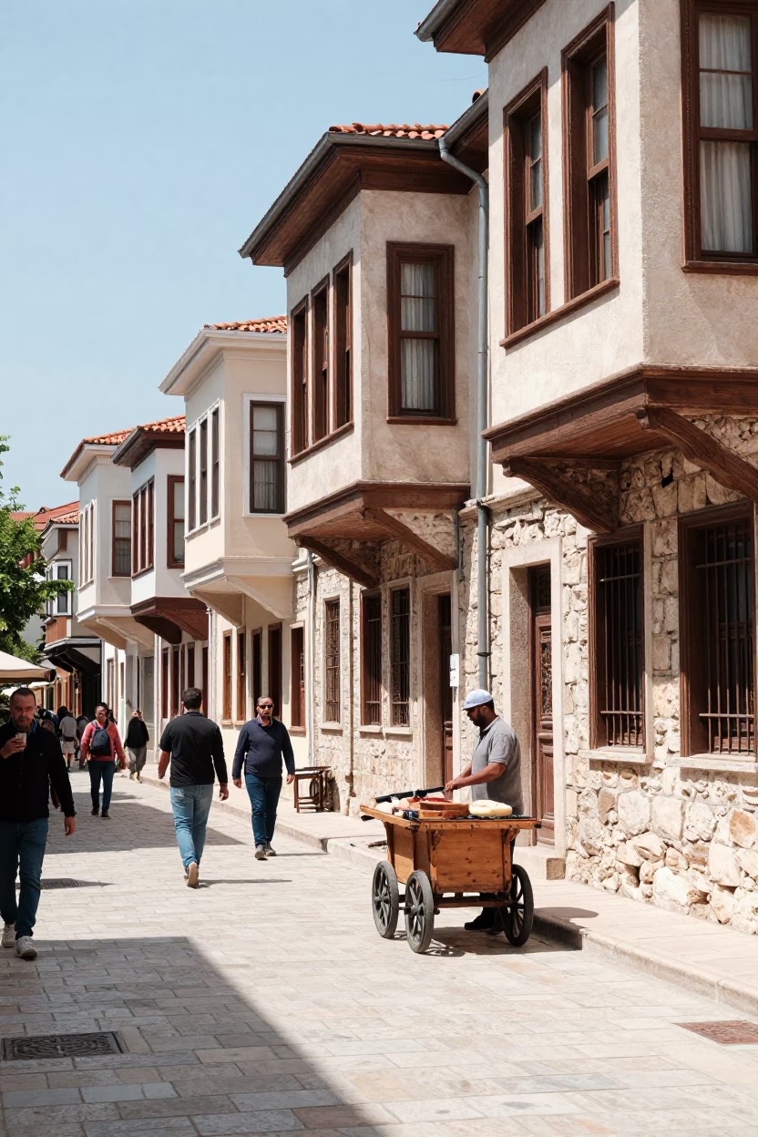 Vibrant Izmir Street Scene with Ottoman Stone Architecture and Local Market Life in in Izmir, Turkey