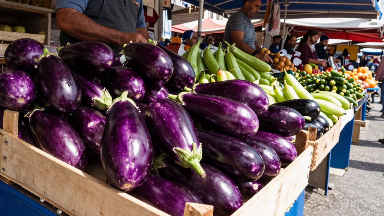 Vibrant Izmir Turkey Noon Market Scene with Fresh Eggplants and Traditional Life in in Izmir, Turkey