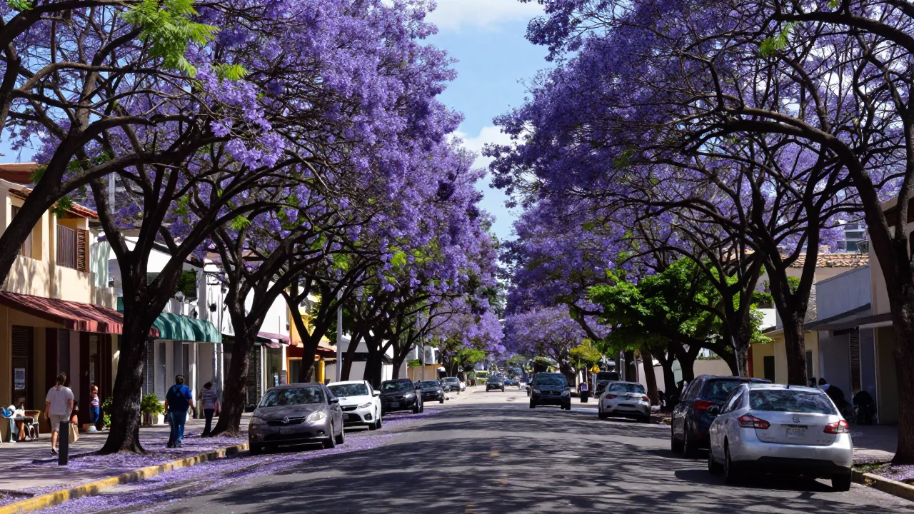 Vibrant Jacaranda Boulevard Scene in Late Morning Miami Florida with Purple Blooms in in Miami, Florida, United States