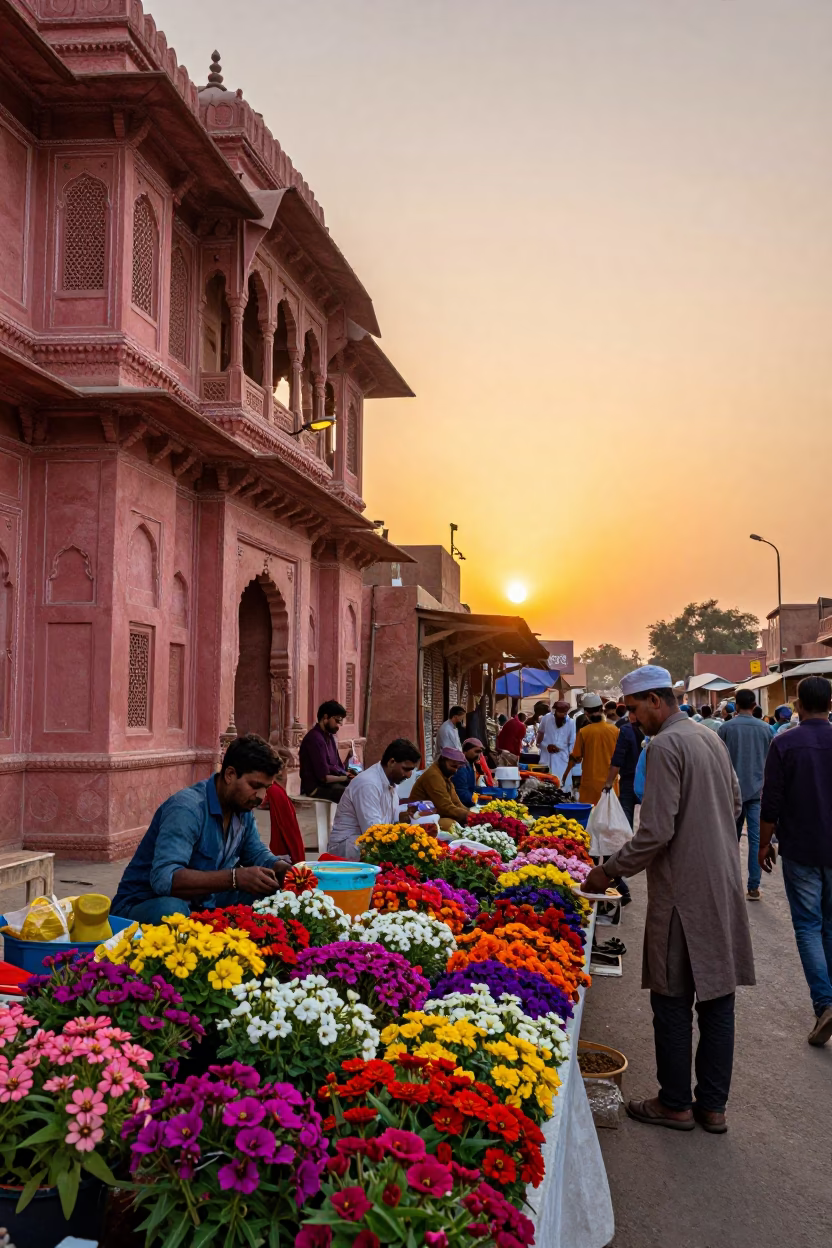 Vibrant Jaipur Street Market Scene at Sunset with Colorful Zinnias and Traditional Architecture in in Jaipur, India