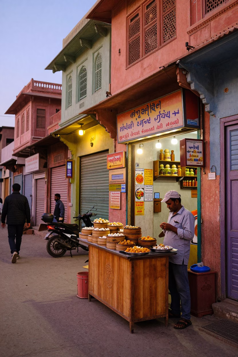 Vibrant Jaipur Street Scene at Dusk with Colorful Shop Signage and Local Commerce in in Jaipur, India