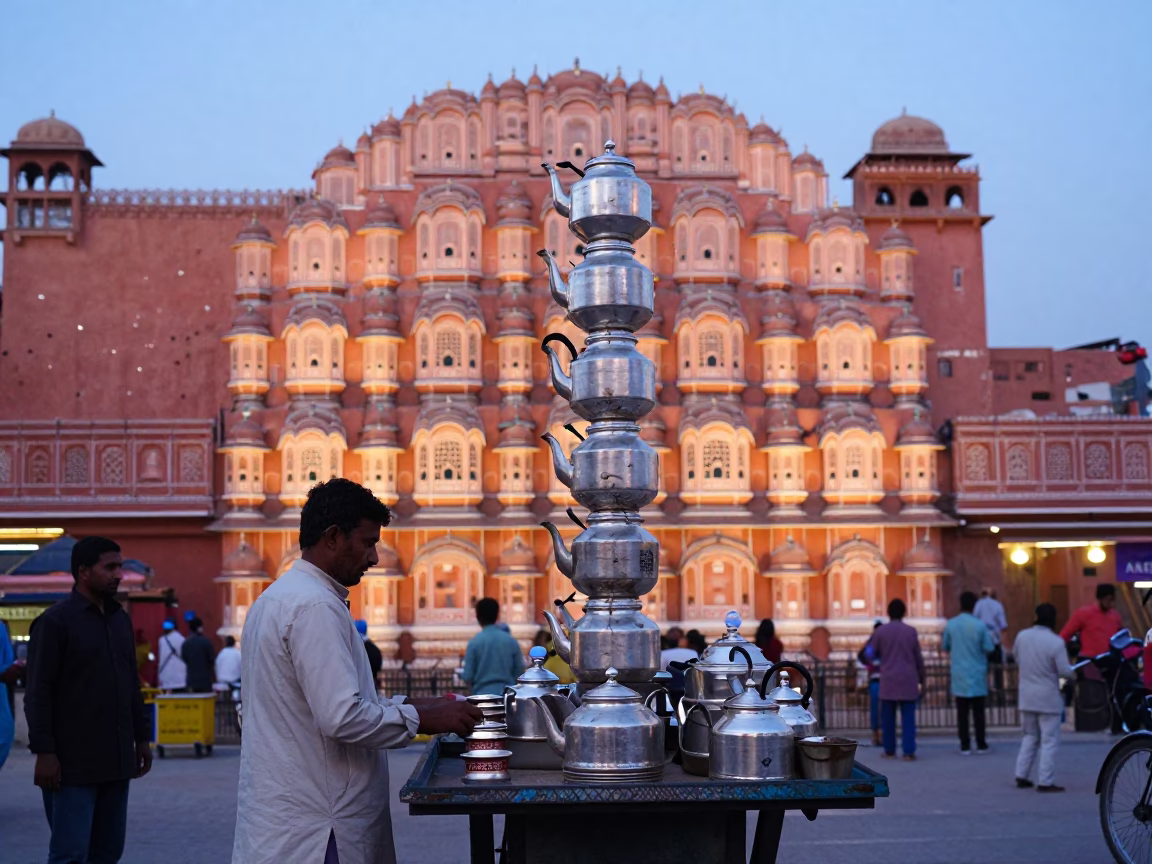 Vibrant Jaipur Street Scene at Dusk with Traditional Tea Kettles and City Lights in in Jaipur, India