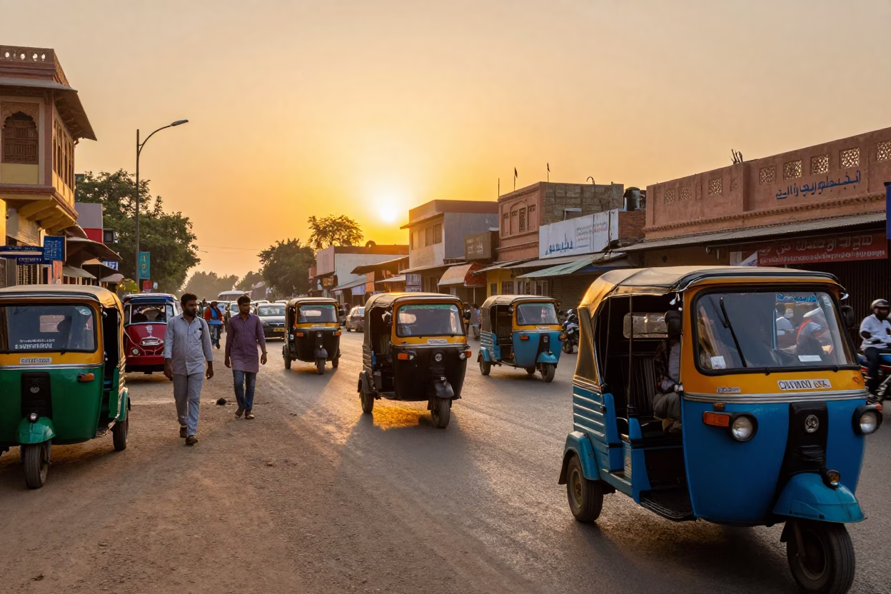 Vibrant Jaipur street scene at sunset with colorful auto rickshaws and bustling pedestrian traffic in in Jaipur, India