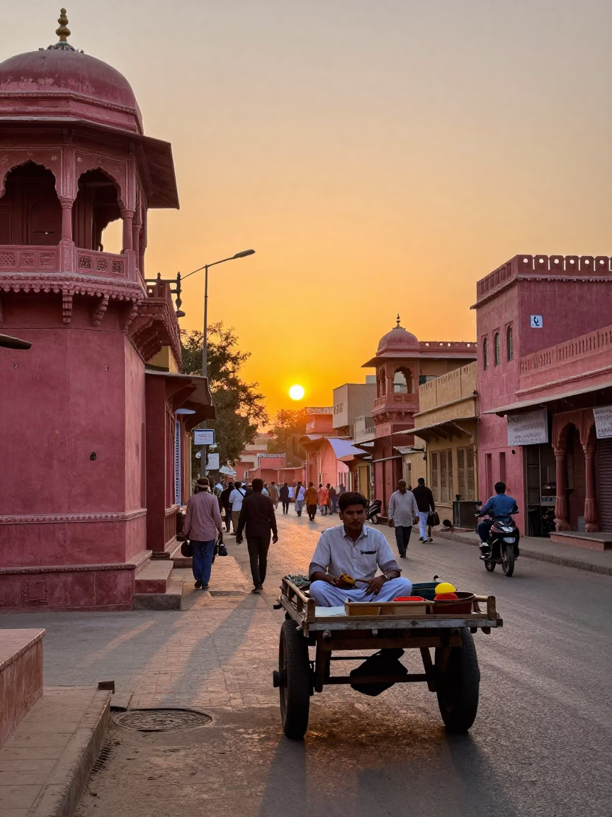 Vibrant Jaipur Street Scene at Sunset with Traditional Clay Tea Kettle and Local Commerce in in Jaipur, India