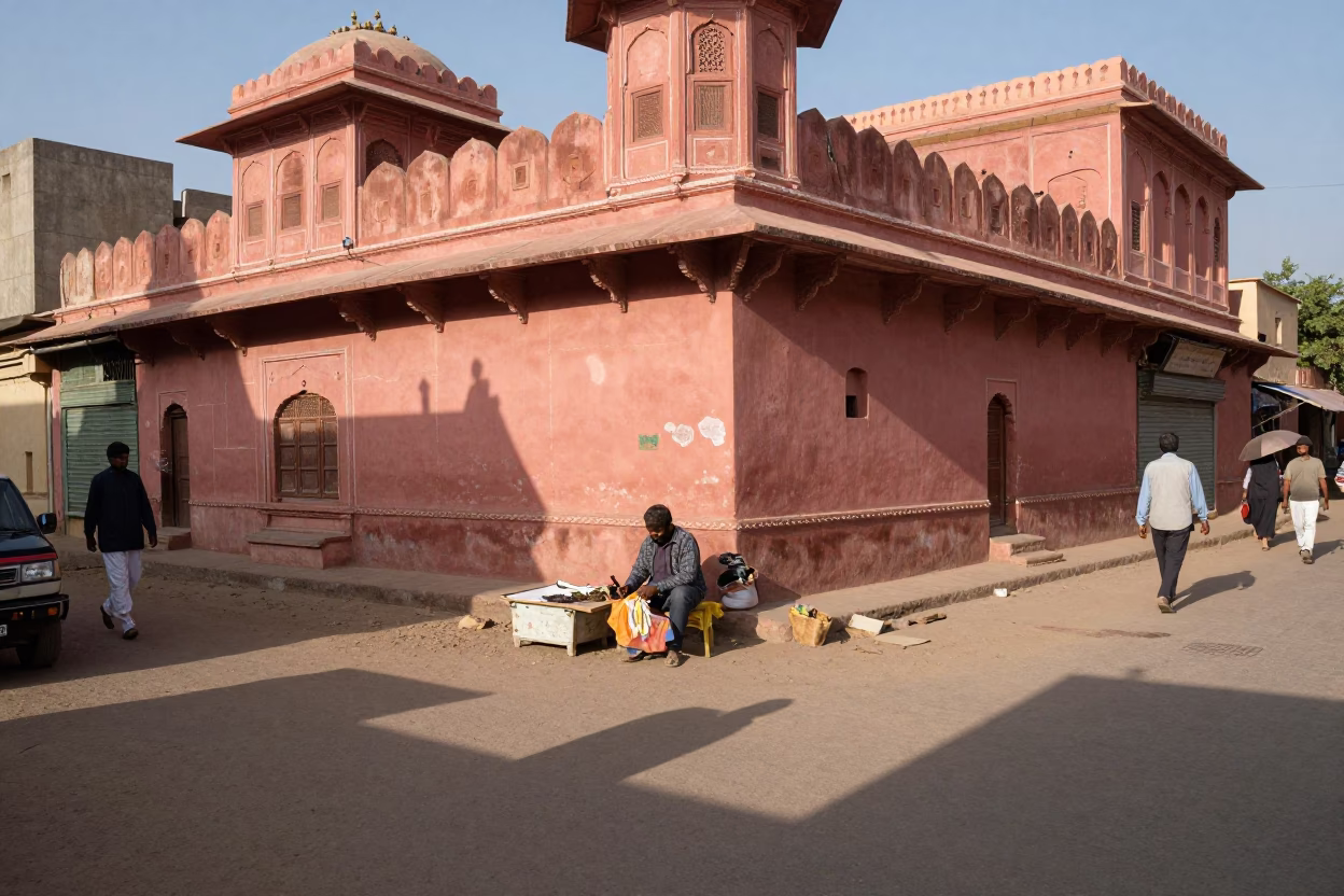 Vibrant Jaipur Street Scene Early Afternoon with Local Vendor and Traditional Architecture in in Jaipur, India