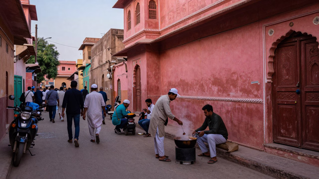 Vibrant Jaipur Street Scene Early Evening with Cooking Pot and Toolbox in in Jaipur, India