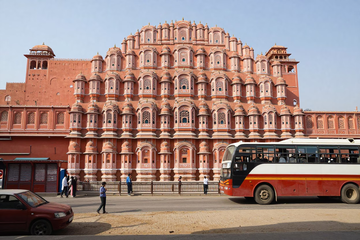 Vibrant Jaipur Street Scene Late Morning Pink City Architecture and Local Life in in Jaipur, India
