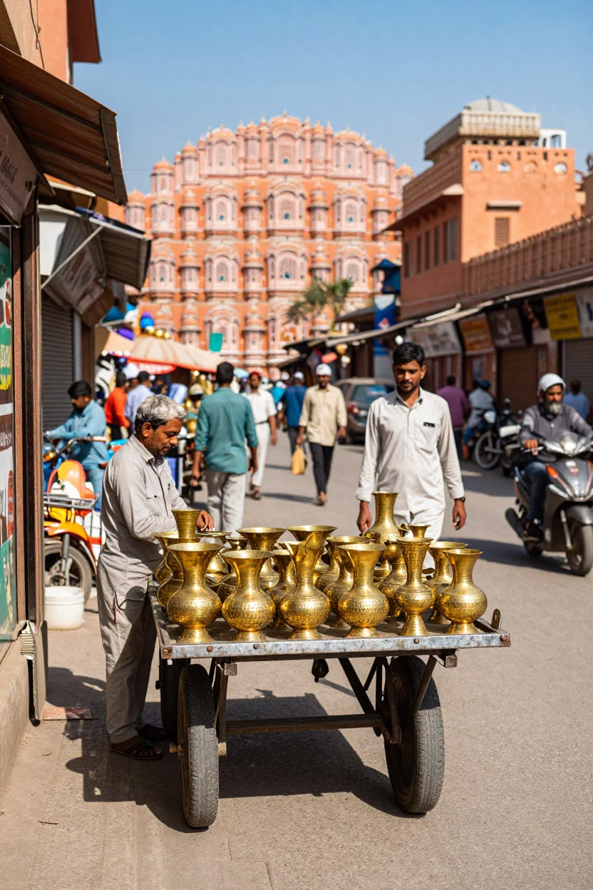 Vibrant Jaipur Street Scene with Hammered Metal and Busy Carts in in Jaipur, India