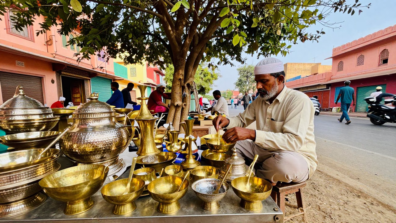 Vibrant Jaipur Street Scene with Hammered Metal and Leaf Shadows in Early Afternoon Light in in Jaipur, India