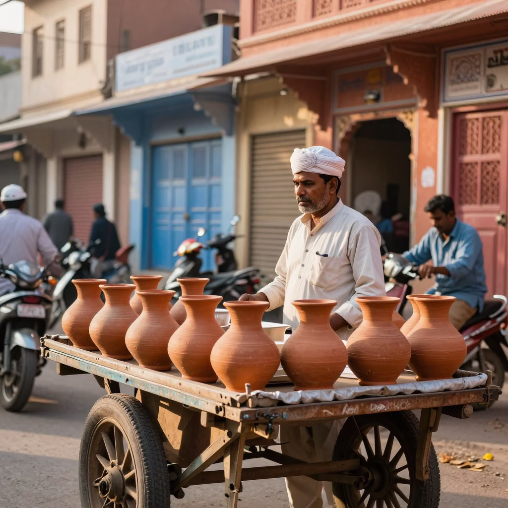 Vibrant Jaipur Street Scene with Traditional Clay Pots and Local Market Activity in in Jaipur, India