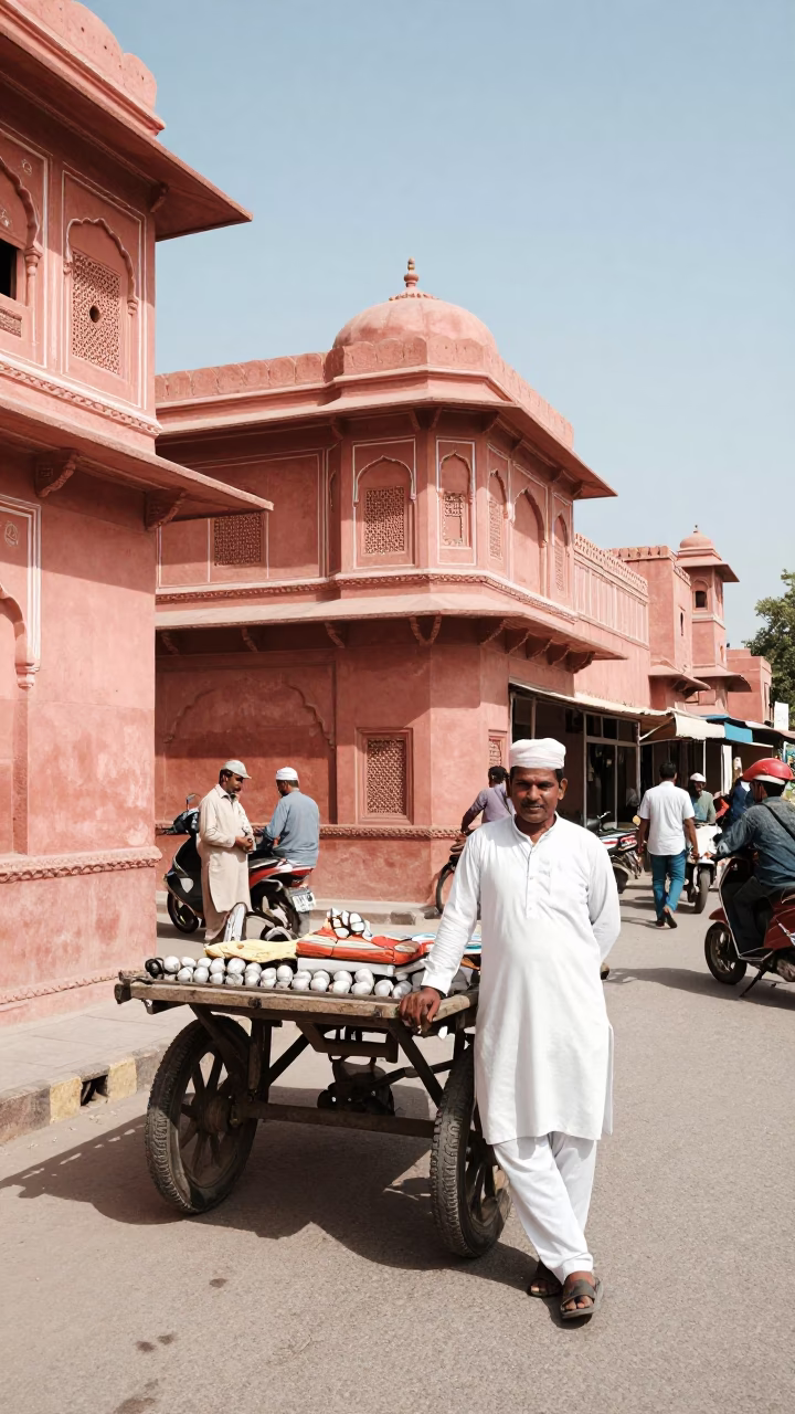 Vibrant Jaipur Street Scene with Vintage 1960s Aesthetic and Local Market Details in in Jaipur, India