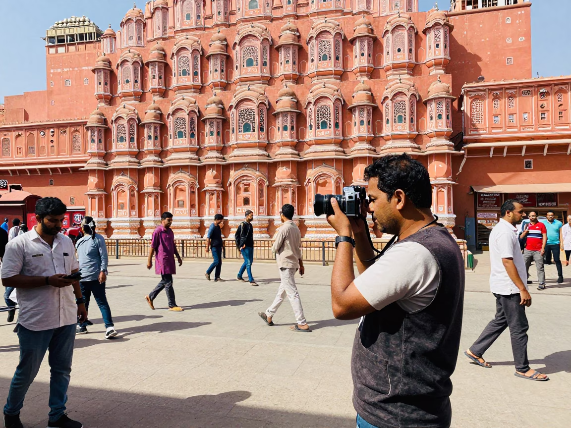 Vibrant Jaipur Street Scene with Vintage Camera Photographer and Traditional Pink Architecture in in Jaipur, India
