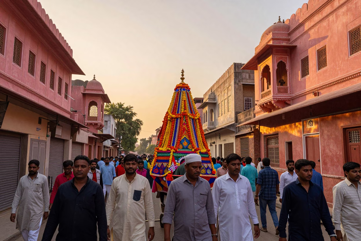 Vibrant Jaipur Sunset Street Scene with Processional Float and Colorful Decorations in in Jaipur, India