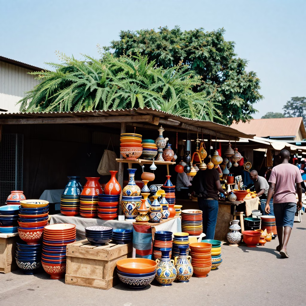 Vibrant Johannesburg Market Stall with Colorful Pottery and Greenery Under Noon Sun in in Johannesburg, South Africa