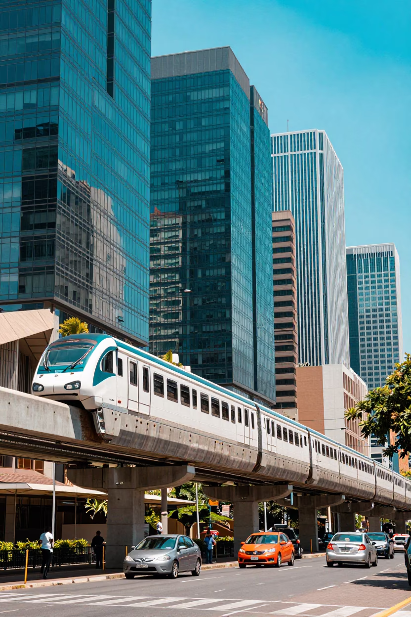 Vibrant Johannesburg Midday Street Scene with Monorail and Urban Glass Towers in in Johannesburg, South Africa