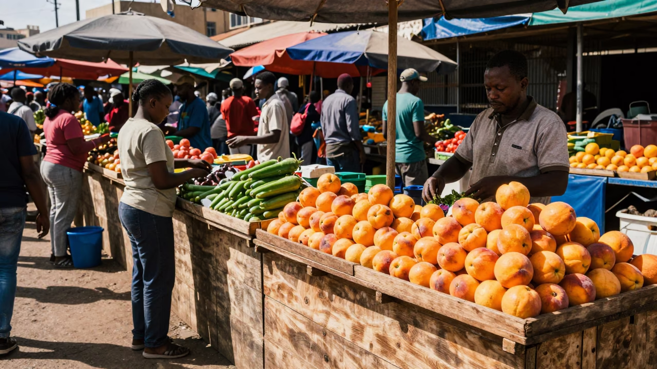 Vibrant Johannesburg Street Market Scene with Colorful Produce and Local Commerce at Midday in in Johannesburg, South Africa