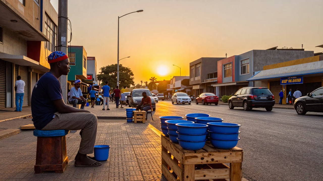 Vibrant Johannesburg Street Scene at Sunset with Colorful Enamel Bowls and Urban Life in in Johannesburg, South Africa
