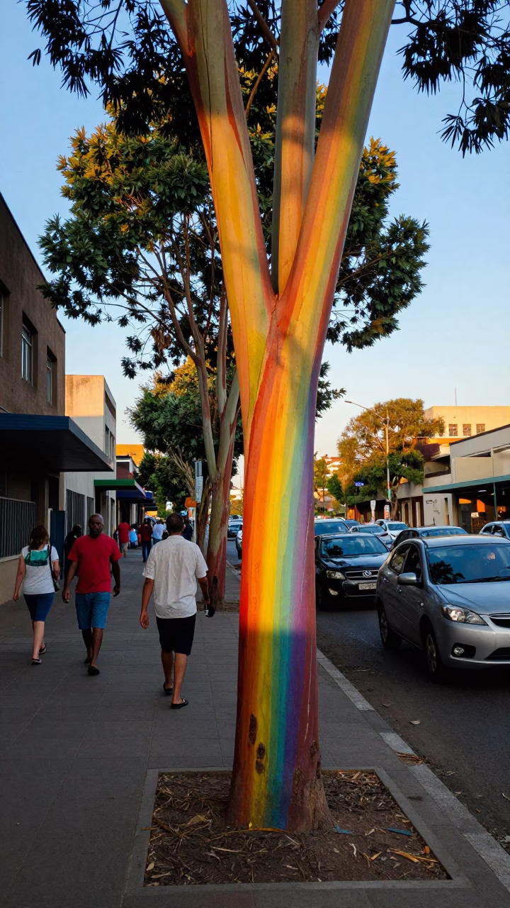 Vibrant Johannesburg Street Scene Late Afternoon Rainbow Eucalyptus Bark and Urban Life in in Johannesburg, South Africa