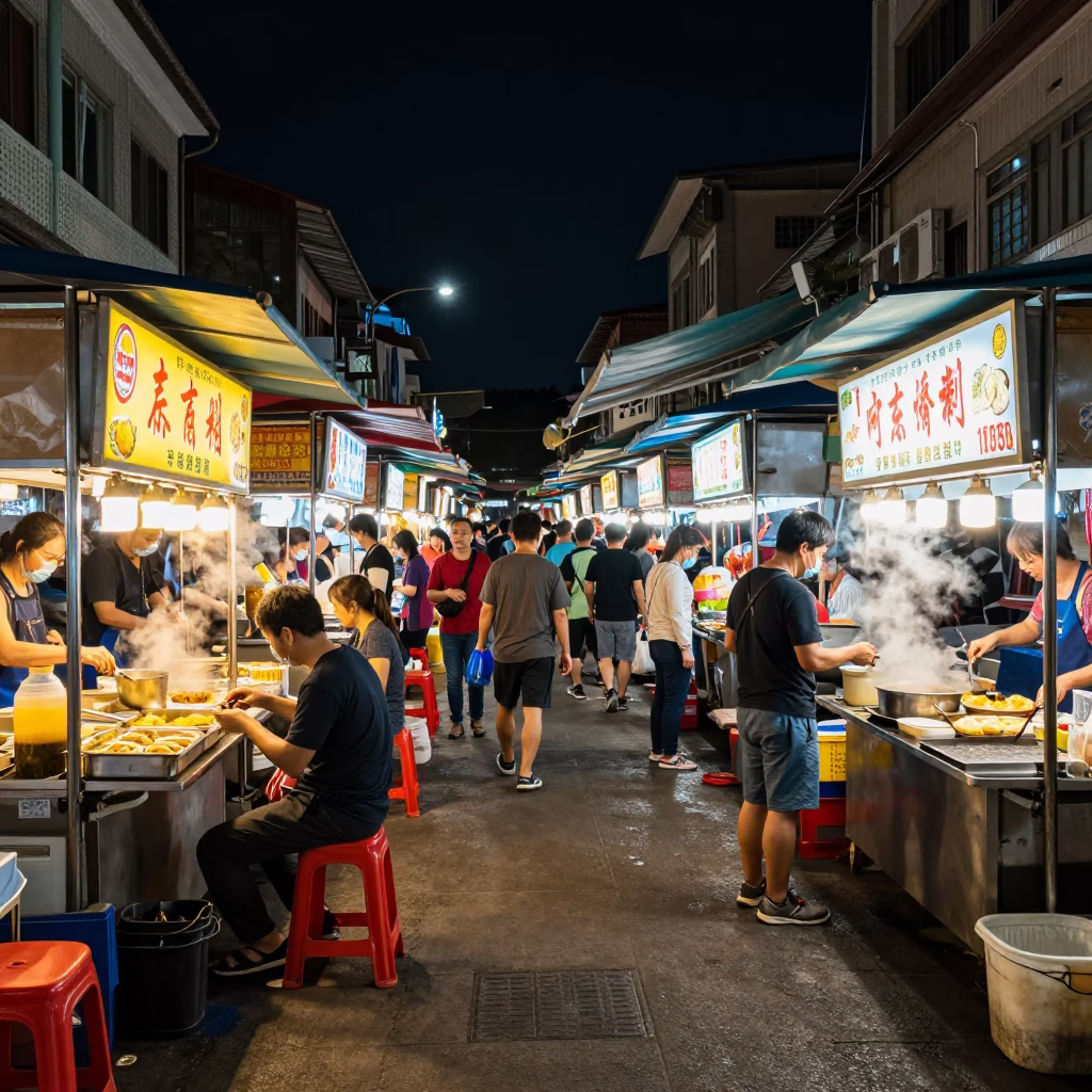 Vibrant Kaohsiung Night Market Street Scene Under Deep Night Sky in in Kaohsiung, Taiwan