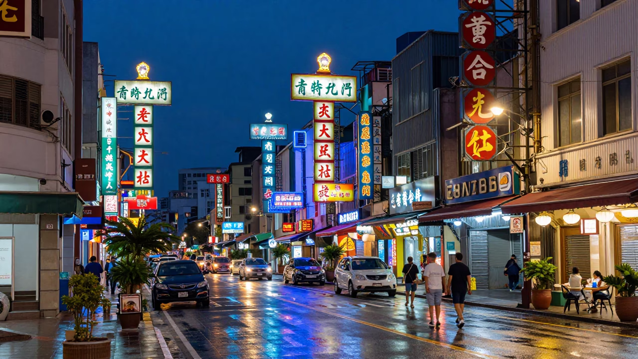 Vibrant Kaohsiung Night Street Scene with Colorful Neon Signs and Traditional Architecture in in Kaohsiung, Taiwan