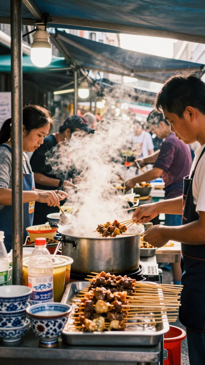 Vibrant Kaohsiung street food stall with skewers and majolica plates in late morning light in in Kaohsiung, Taiwan