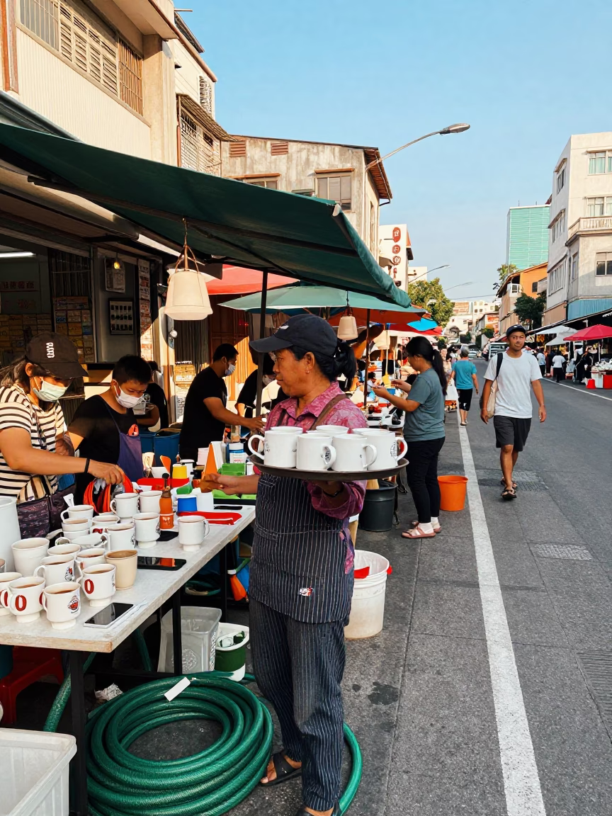 Vibrant Kaohsiung Street Scene with Coffee Mugs and Hose Nozzle in Early Afternoon Light in in Kaohsiung, Taiwan