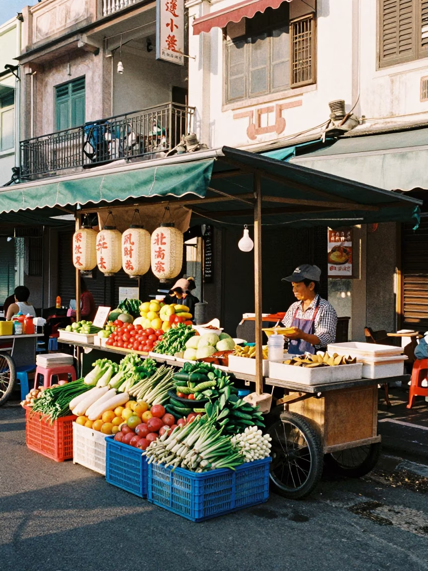 Vibrant Kaohsiung Street Scene with Local Vendor and Traditional Food in Late Morning Sunlight in in Kaohsiung, Taiwan