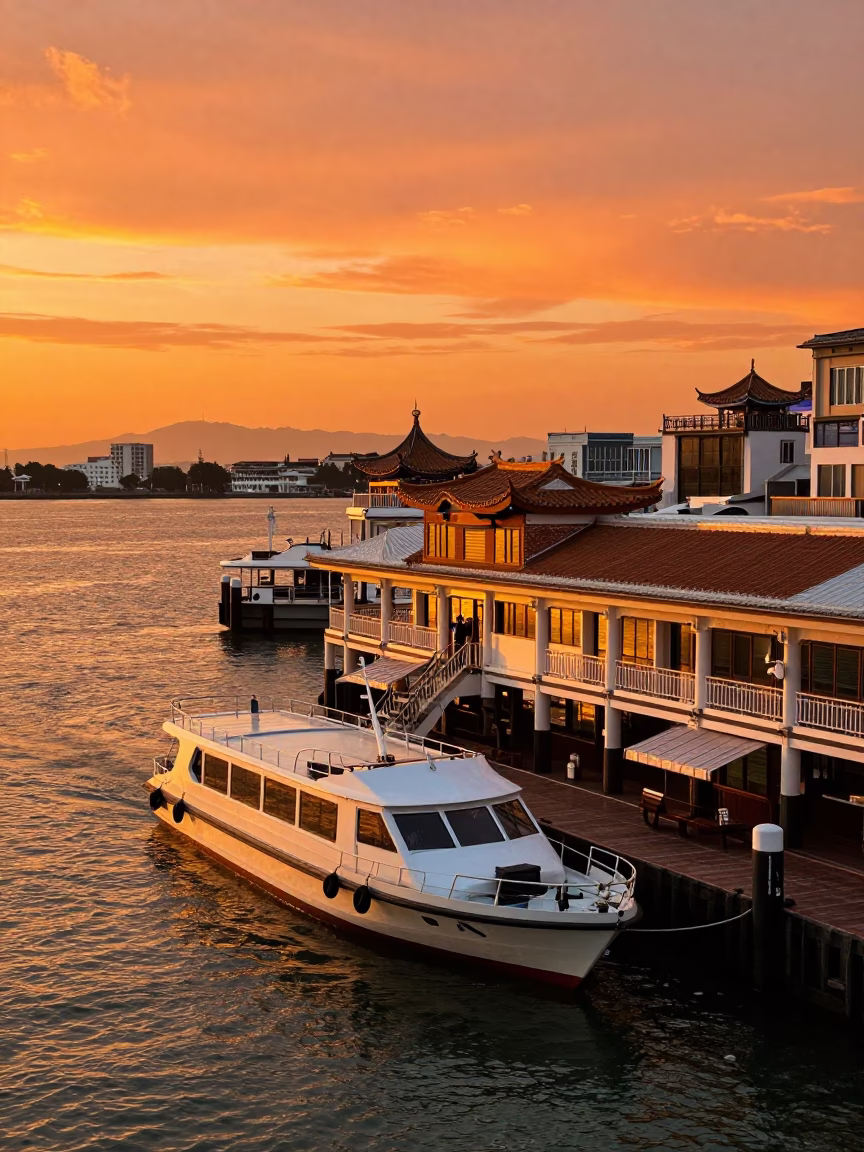 Vibrant Kaohsiung Sunset Water Taxi Dock Scene with Traditional Food Vendors in in Kaohsiung, Taiwan
