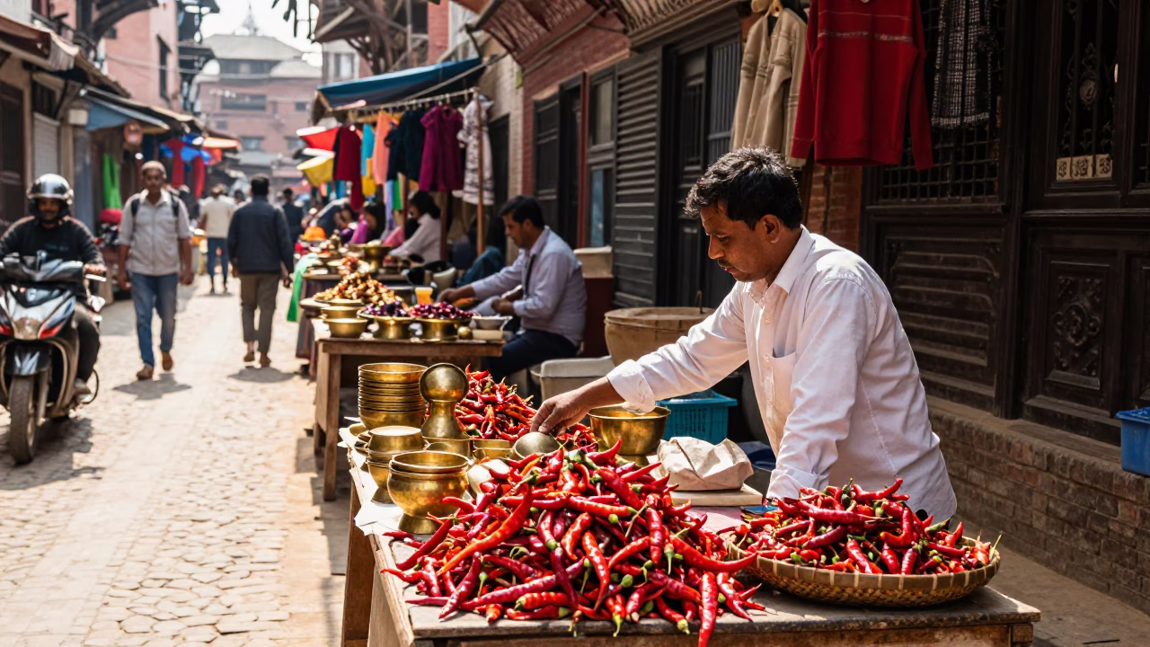 Vibrant Kathmandu Street Market Midday Scene with Local Vendor and Colorful Goods in in Kathmandu, Nepal