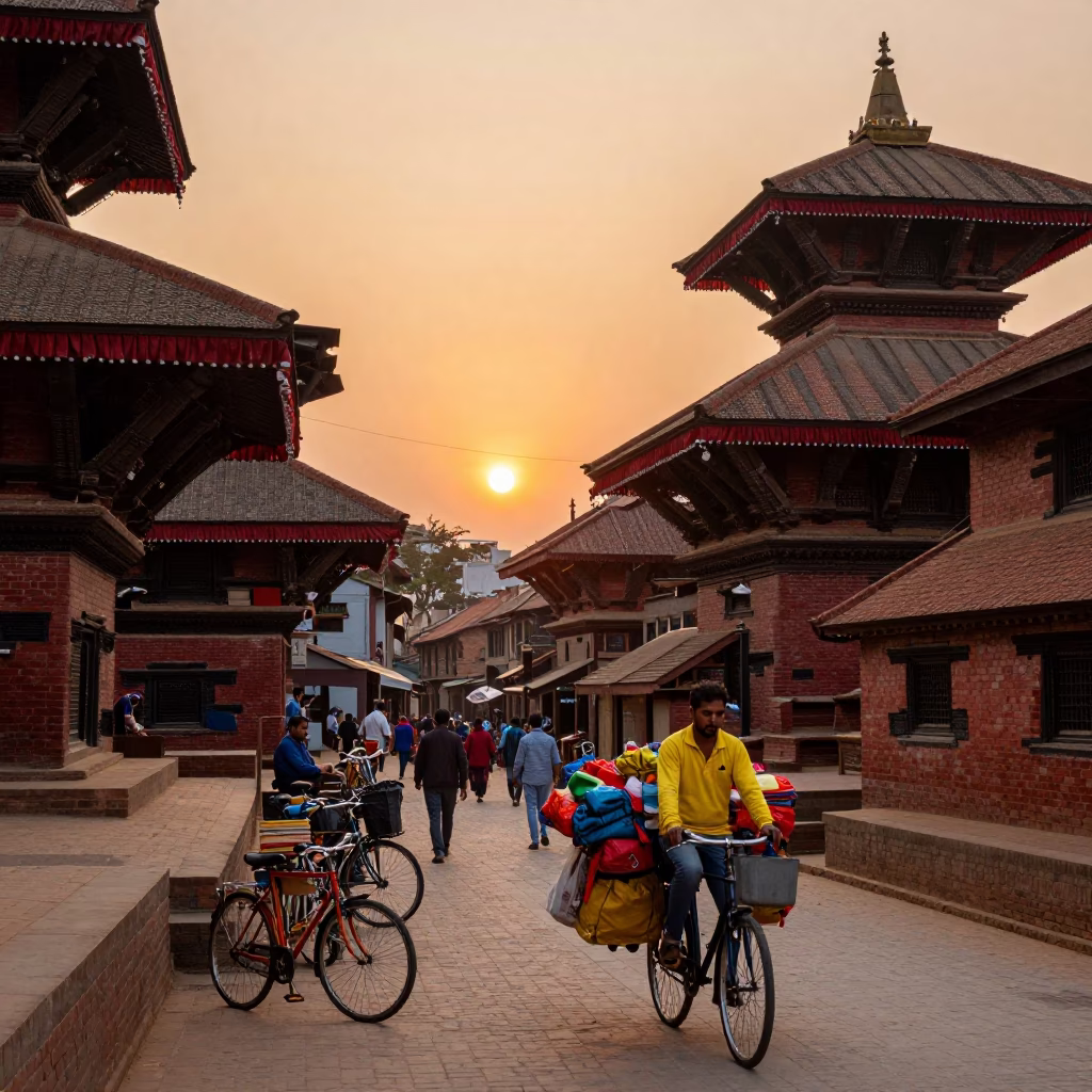 Vibrant Kathmandu Street Scene at Sunset with Colorful Bicycles and Traditional Brick Architecture in in Kathmandu, Nepal