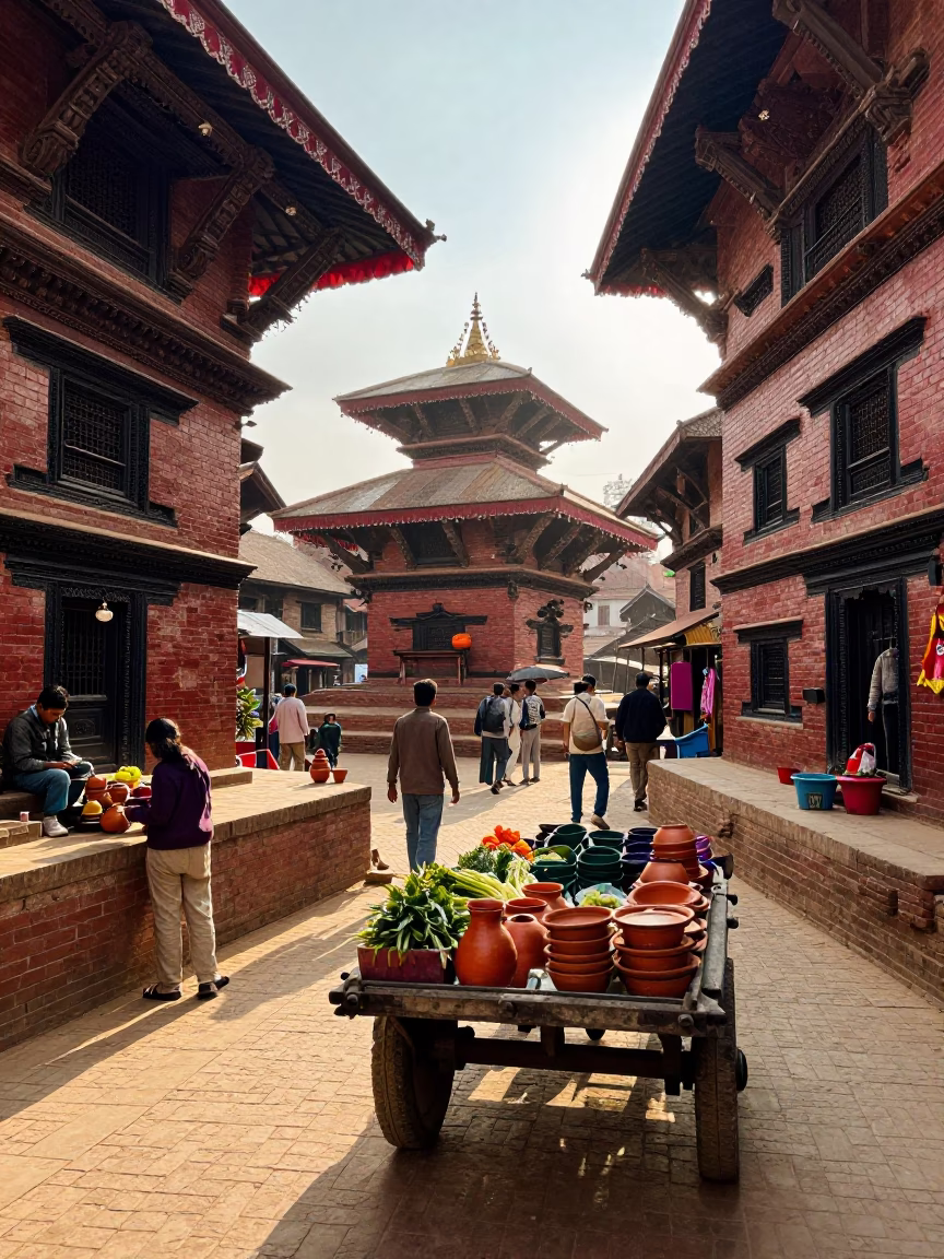 Vibrant Kathmandu Street Scene Early Afternoon with Traditional Architecture and Local Market Activity in in Kathmandu, Nepal