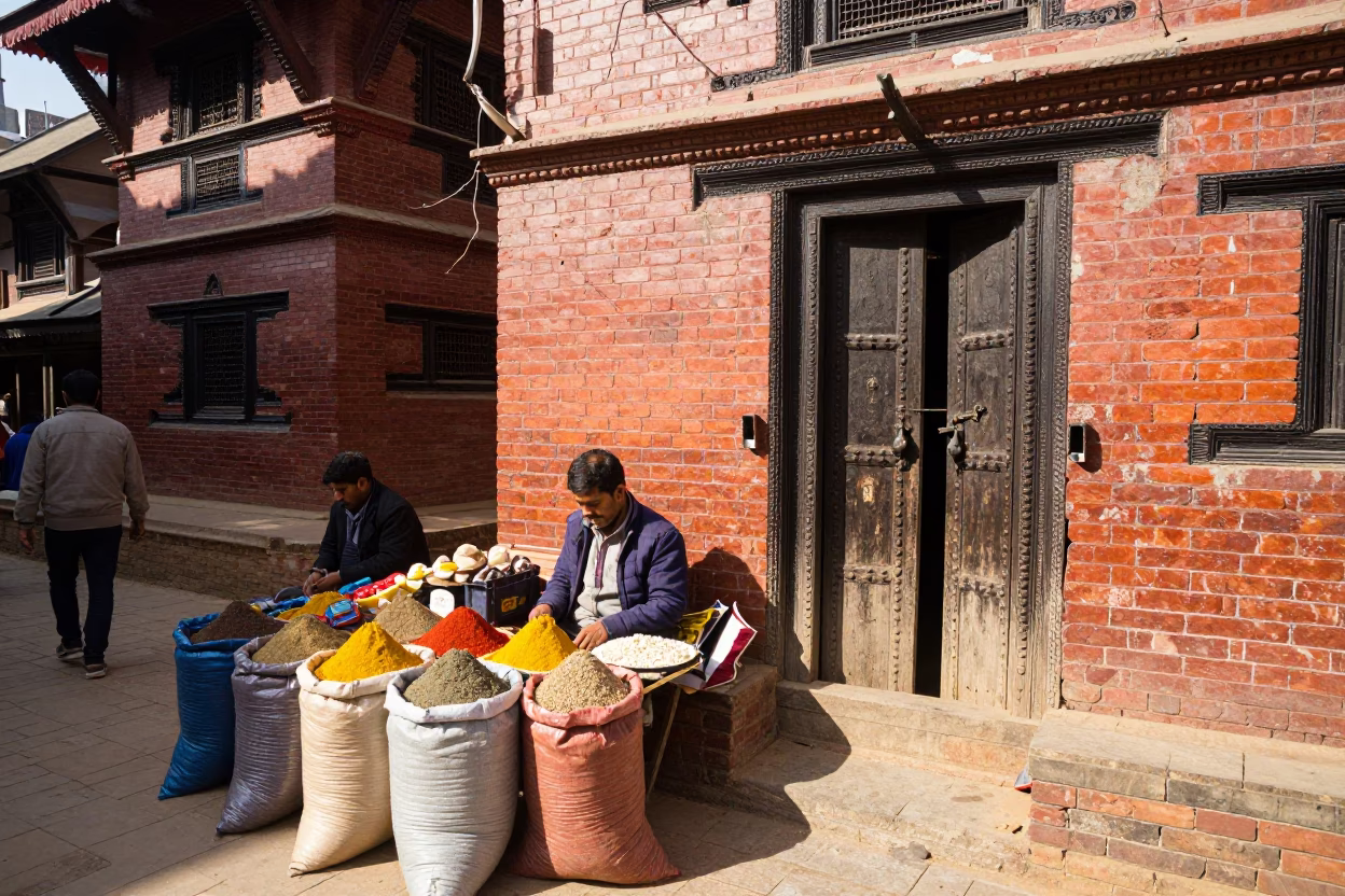 Vibrant Kathmandu Street Scene in Bright Midmorning Light with Local Market Details in in Kathmandu, Nepal
